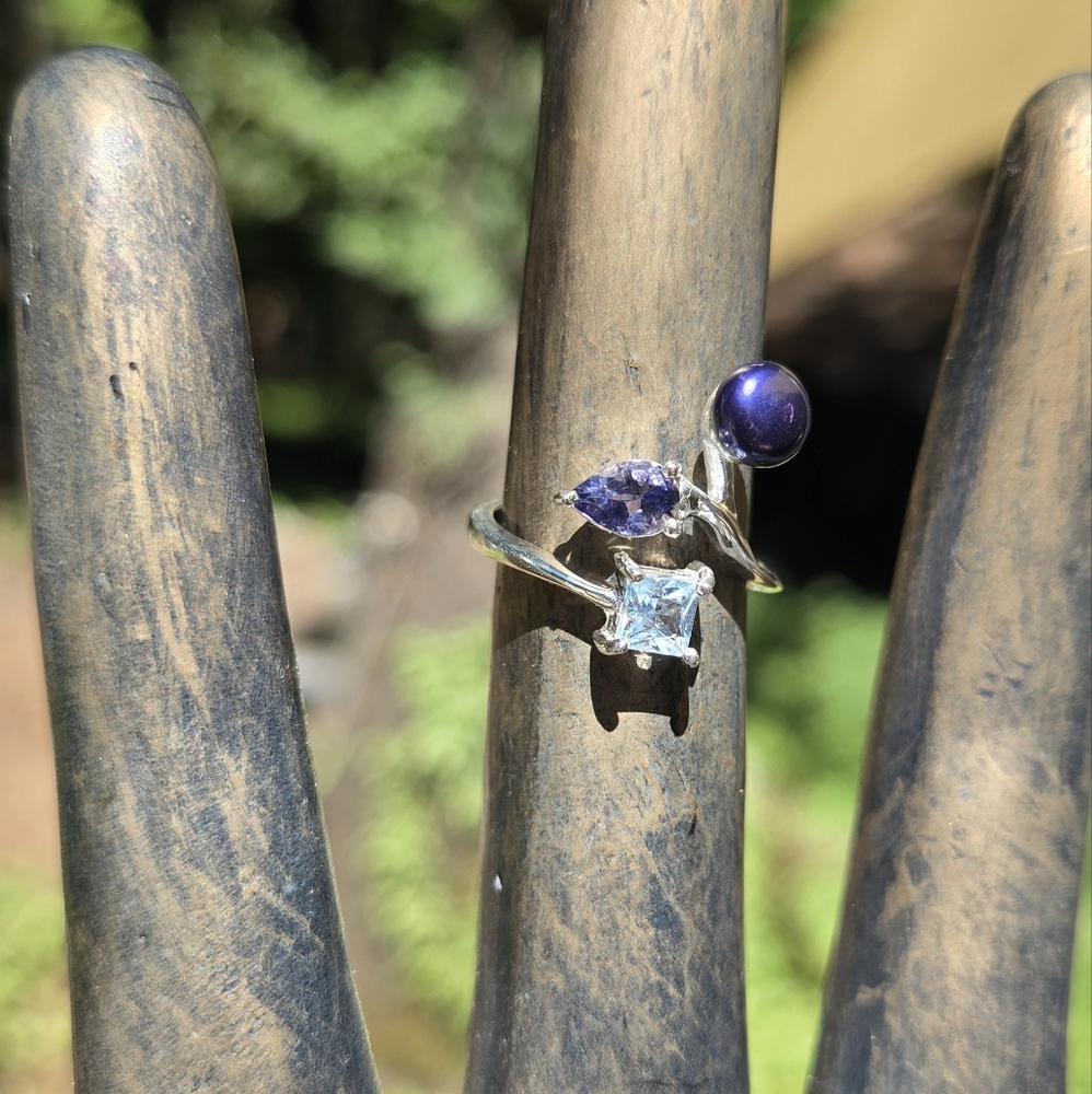 Blue Topaz Lolite & Natural Pearl Ring Sz6.5 Adjustable - Picture 4 of 9